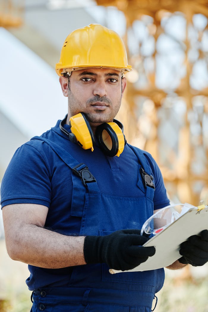 Focused construction worker outdoors wearing safety gear, holding a clipboard at a building site.