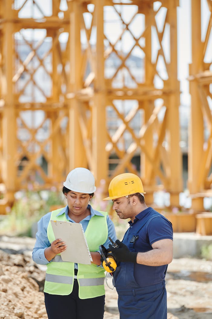 services-02 Male and female construction workers discussing plans at an outdoor construction site.